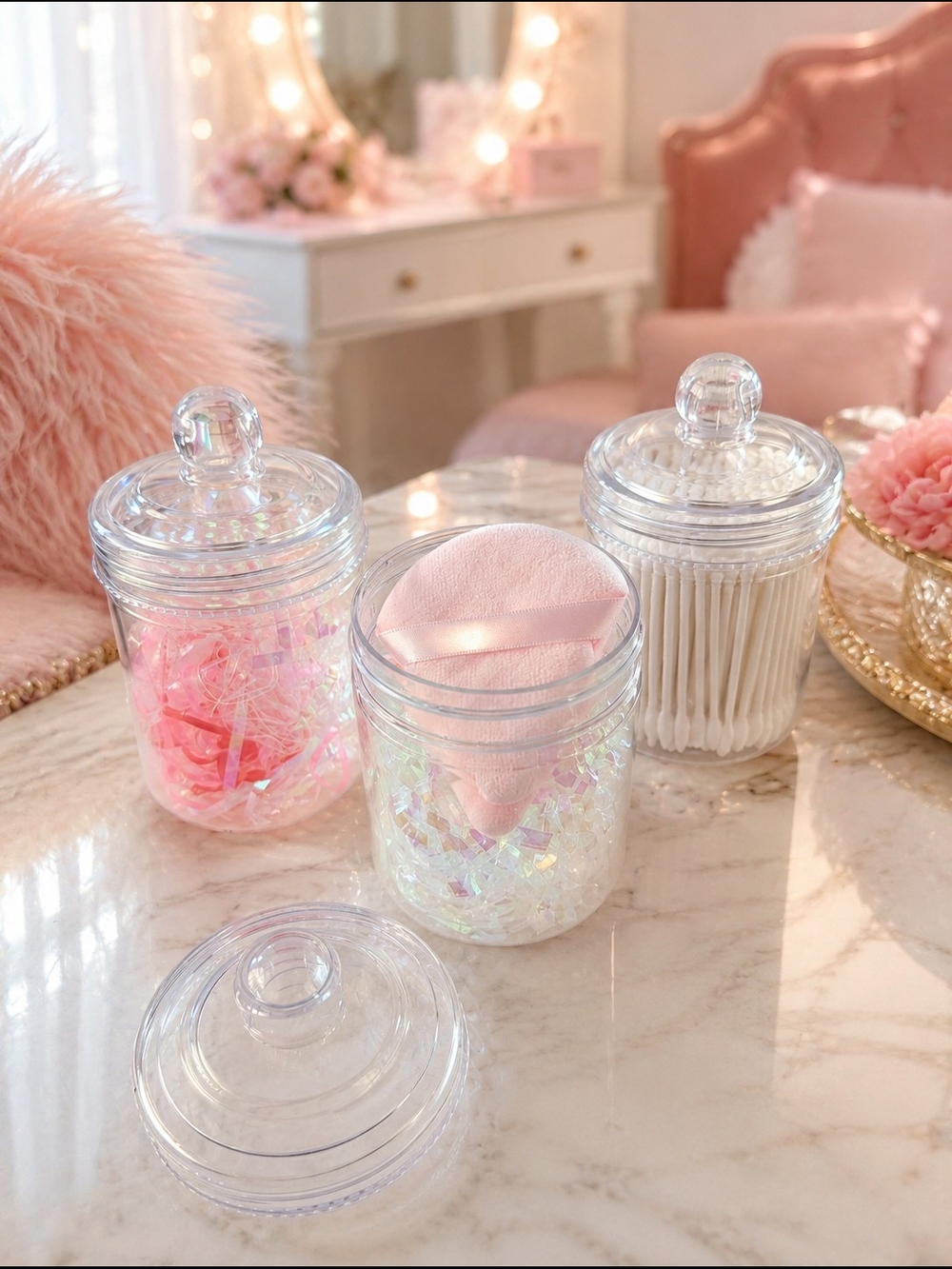Beauty Set Clear Acrylic Vanity Jars with Lids Hair Ties, Powder Puffs, Q-Tips
